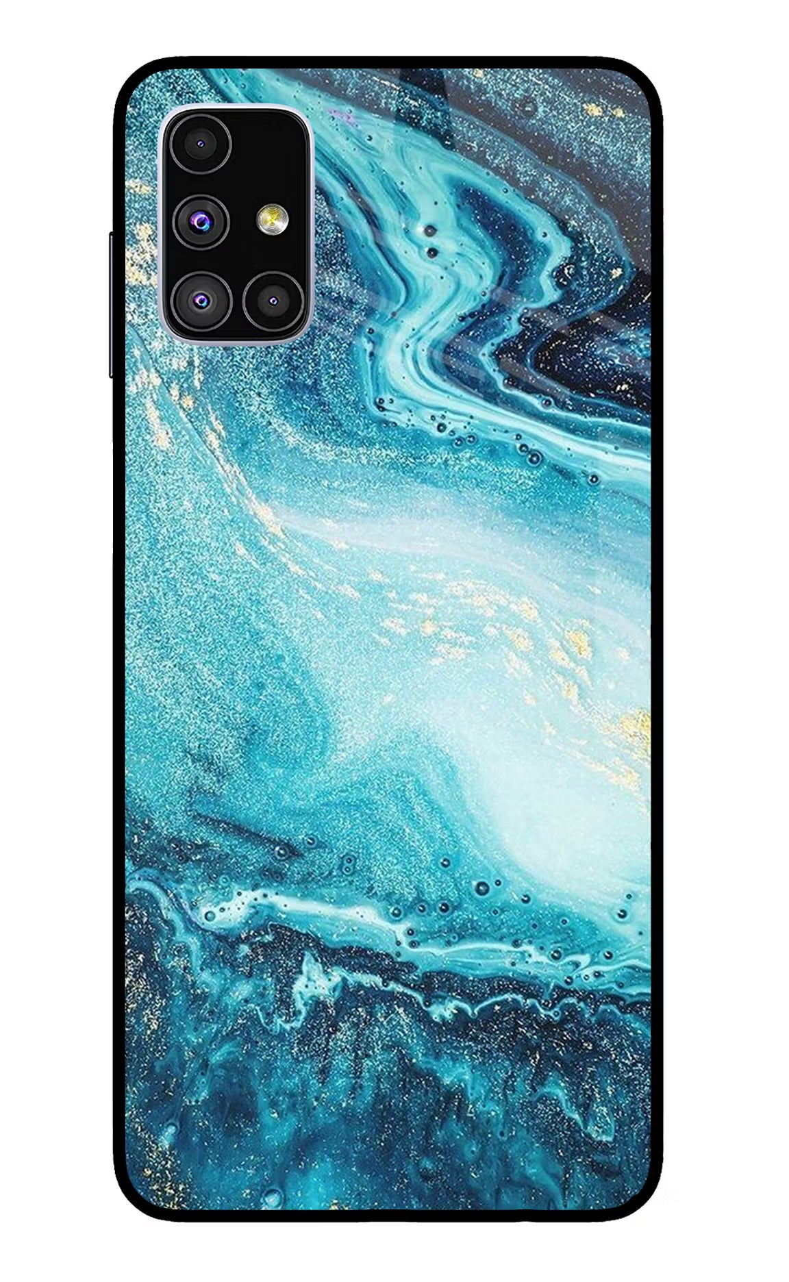 Blue Glitter Marble Samsung M51 Glass Case Back Cover by Casekaro