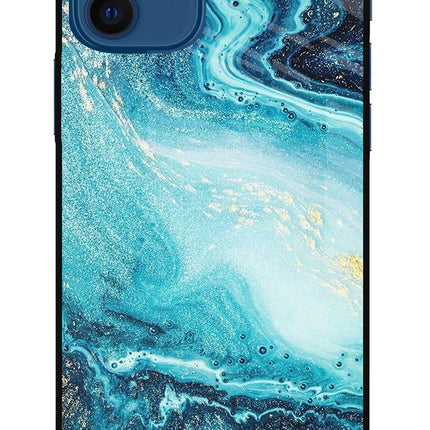 Blue Glitter Marble iPhone 12 Glass Case Back Cover by Casekaro