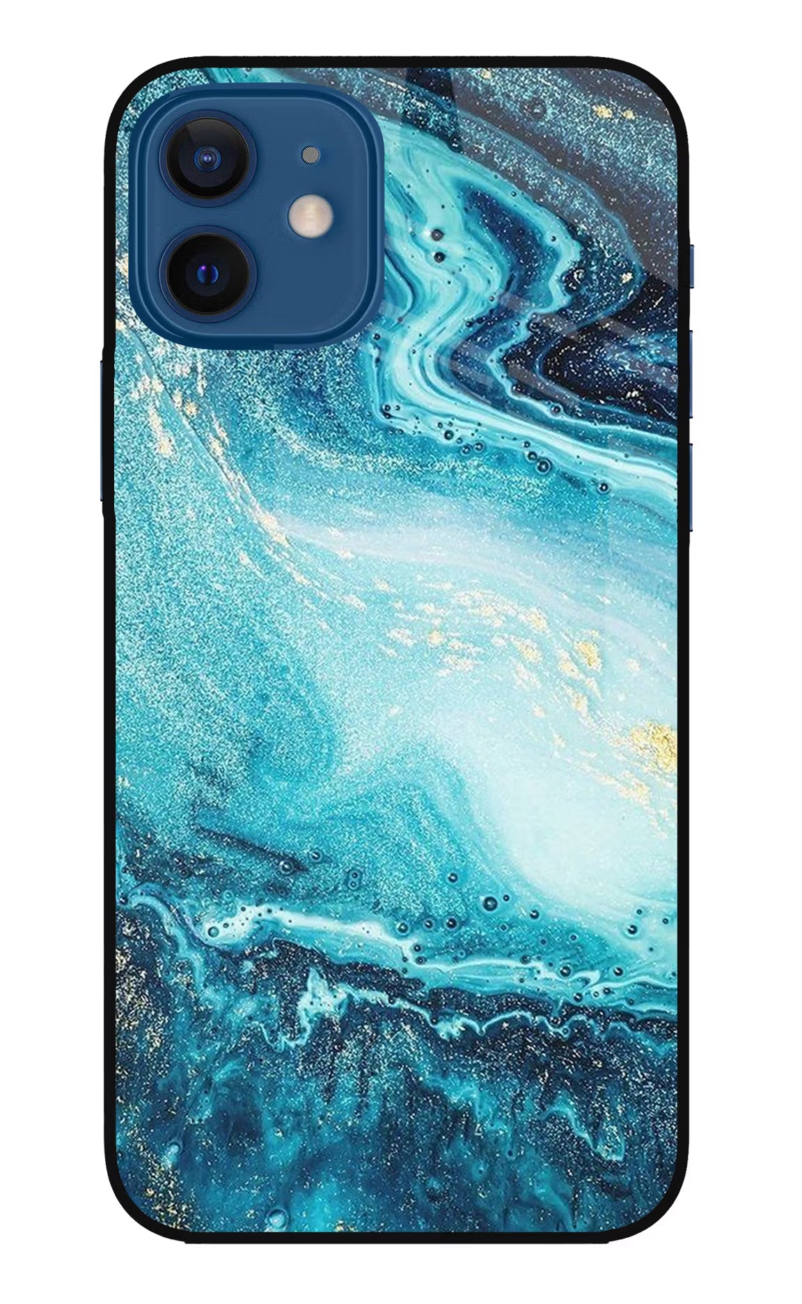 Blue Glitter Marble iPhone 12 Glass Case Back Cover by Casekaro