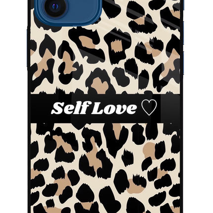 Leopard Print Self Love iPhone 12 Glass Case Back Cover by Casekaro