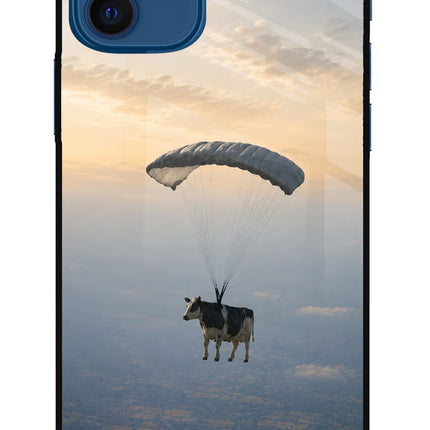 Skydiving Cow iPhone 12 Glass Case Back Cover by Casekaro
