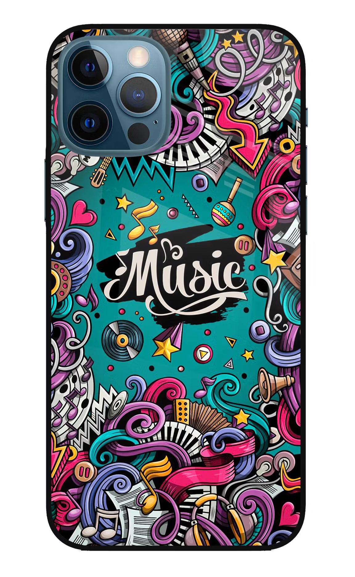 Music Graffiti iPhone 12 Pro Glass Case Back Cover by Casekaro