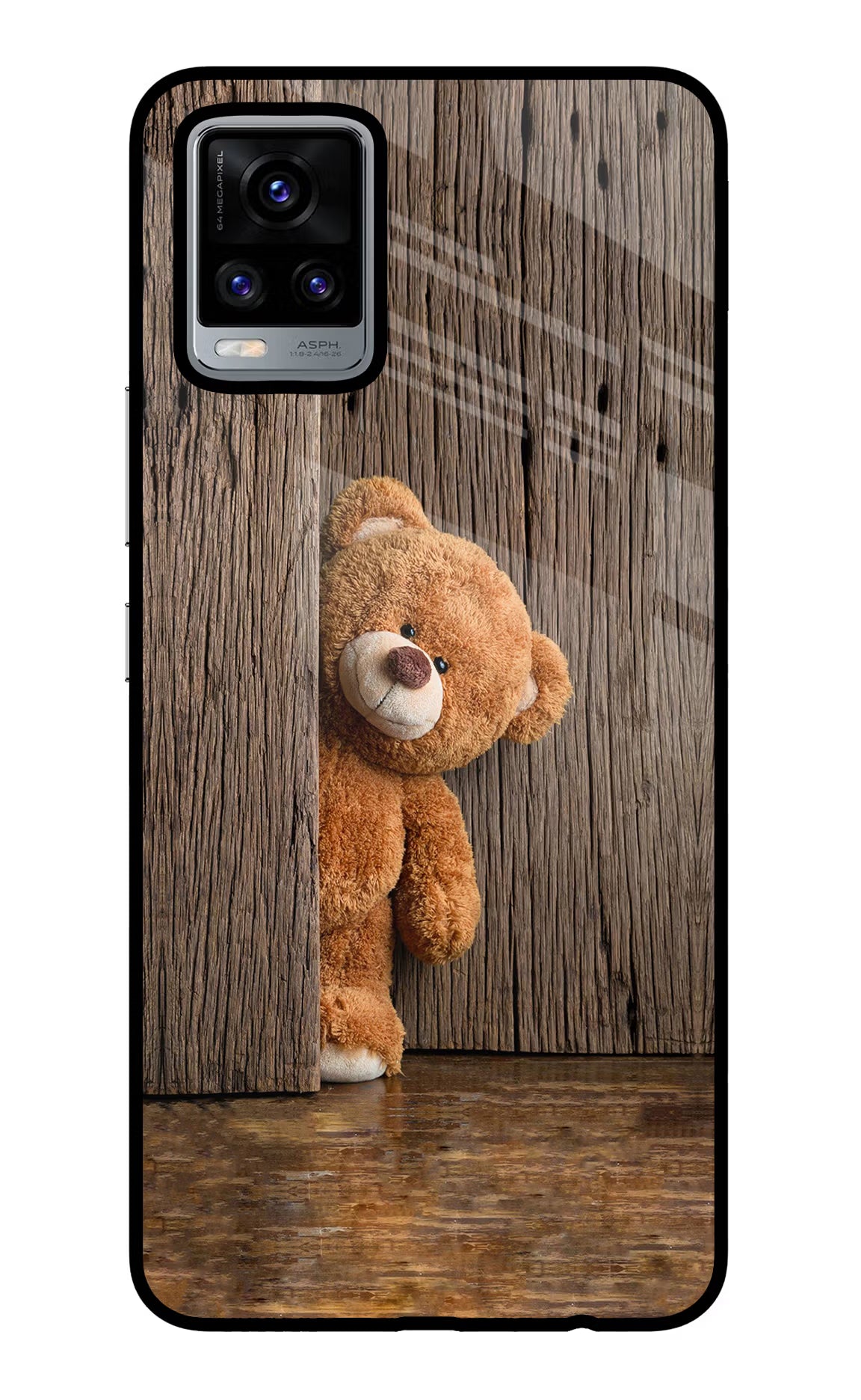 Teddy Wooden Vivo V20 Glass Case Back Cover by Casekaro