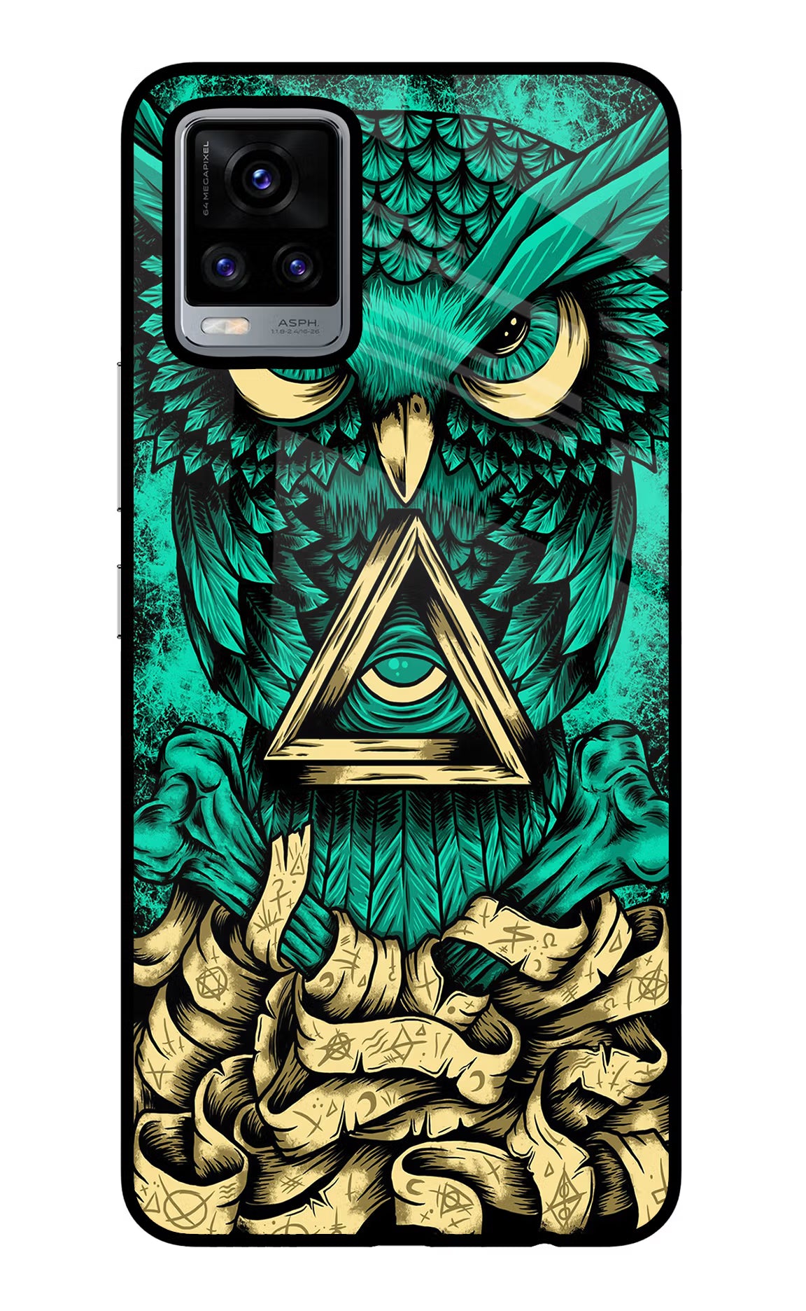 Green Owl Vivo V20 Glass Case Back Cover by Casekaro