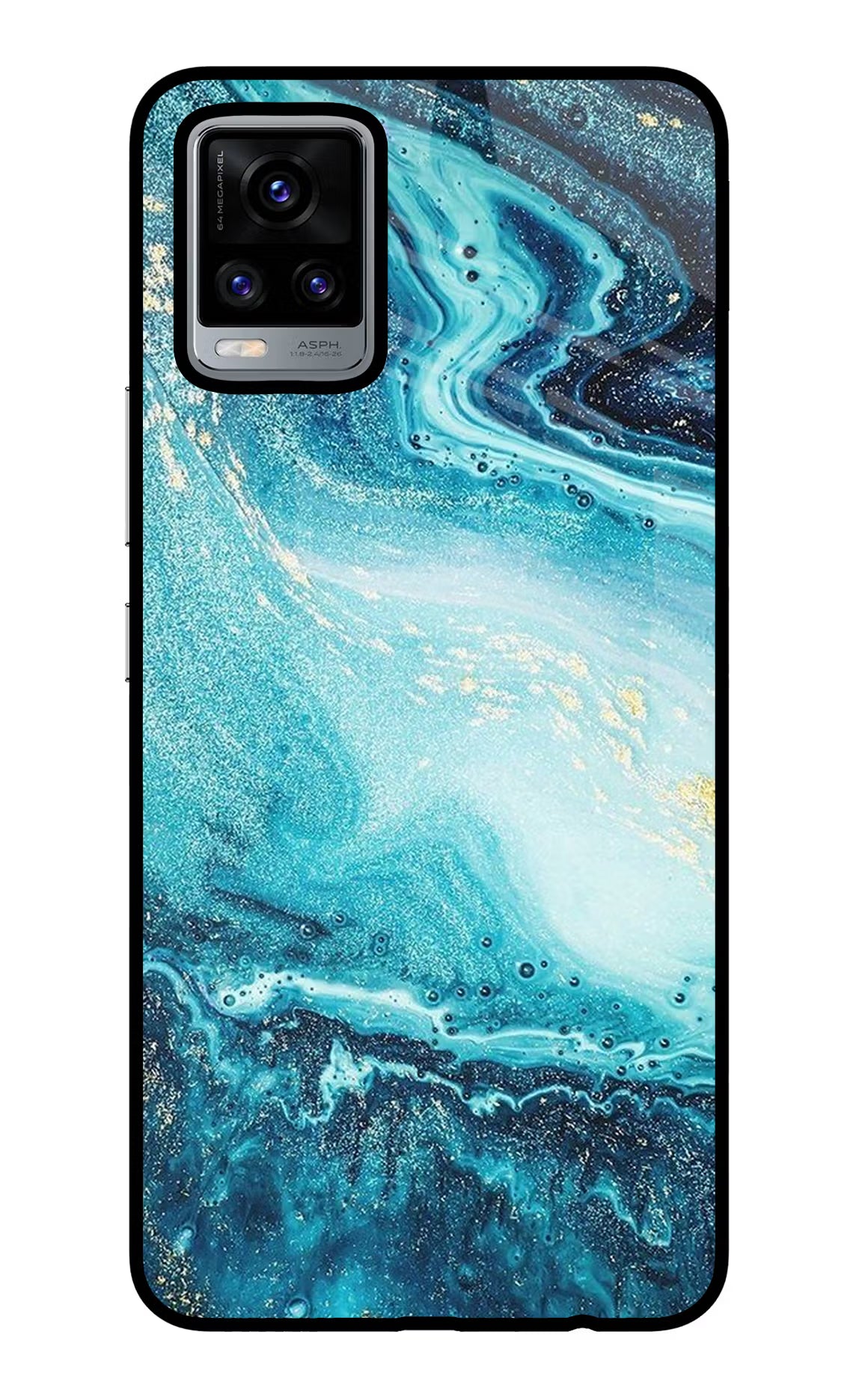 Blue Glitter Marble Vivo V20 Glass Case Back Cover by Casekaro