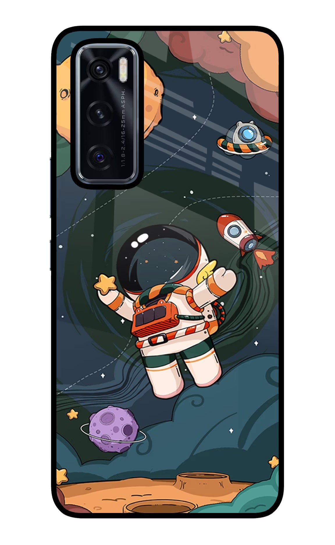 Cartoon Astronaut Vivo V20 SE Glass Case Back Cover by Casekaro