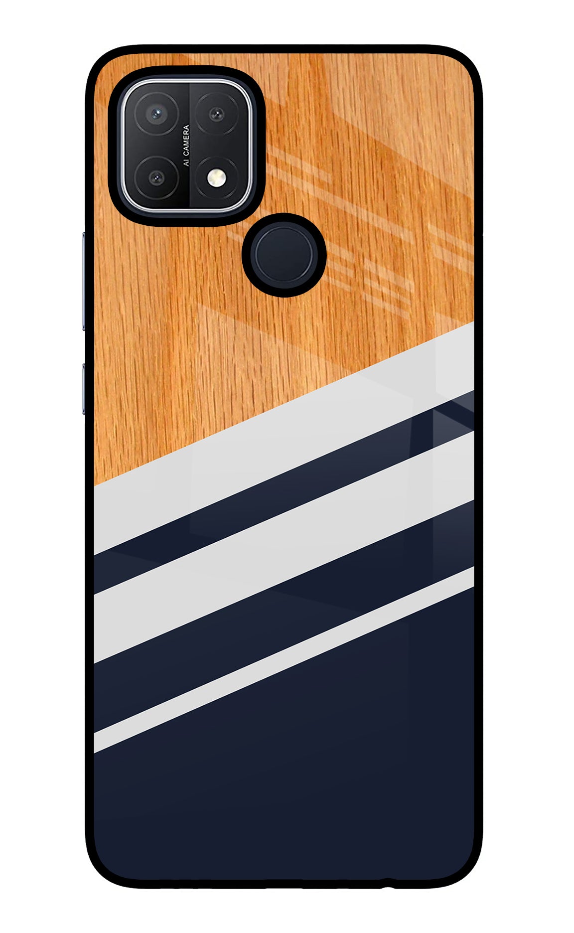 Blue and white wooden Oppo A15/A15s Glass Case