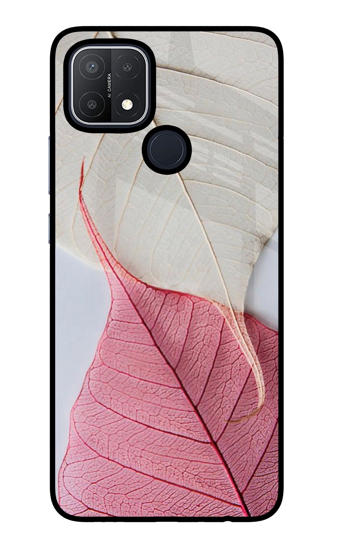 White Pink Leaf Oppo A15/A15s Glass Case