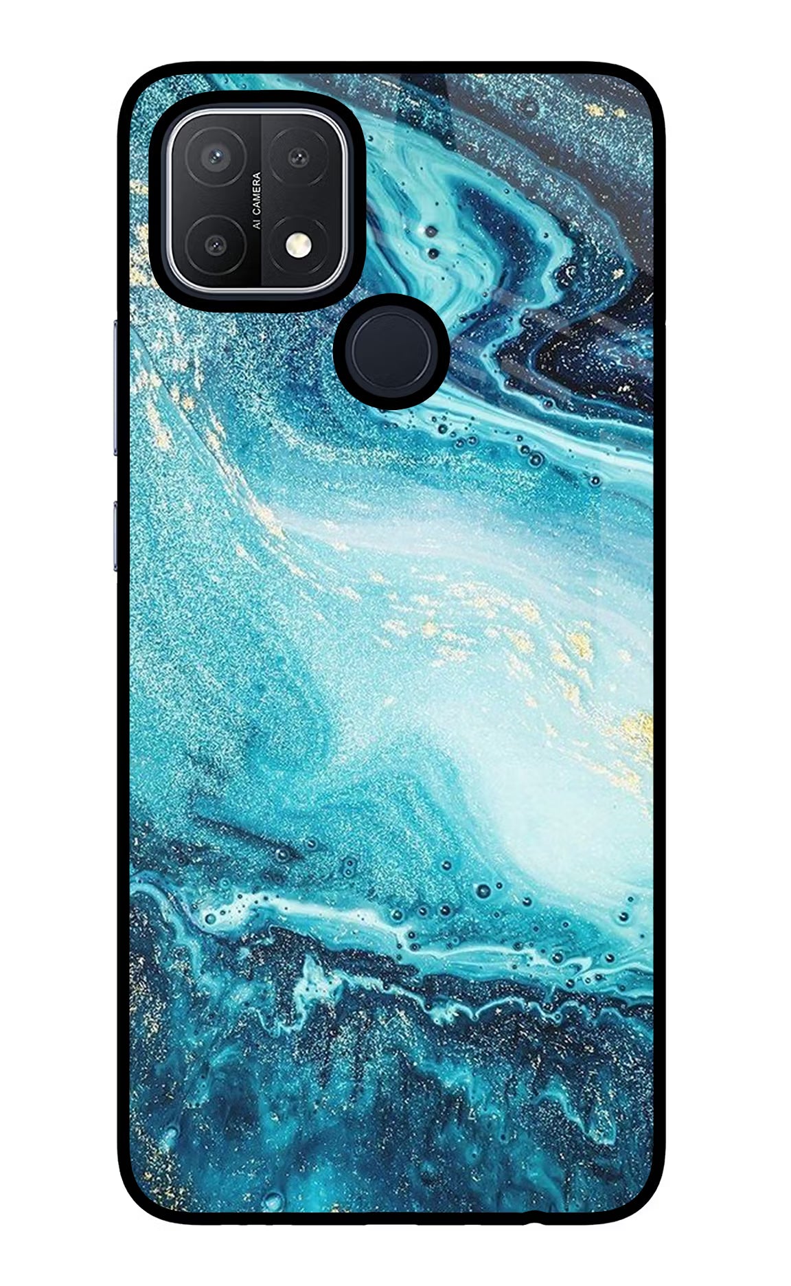 Blue Glitter Marble Oppo A15/A15s Glass Case Back Cover by Casekaro