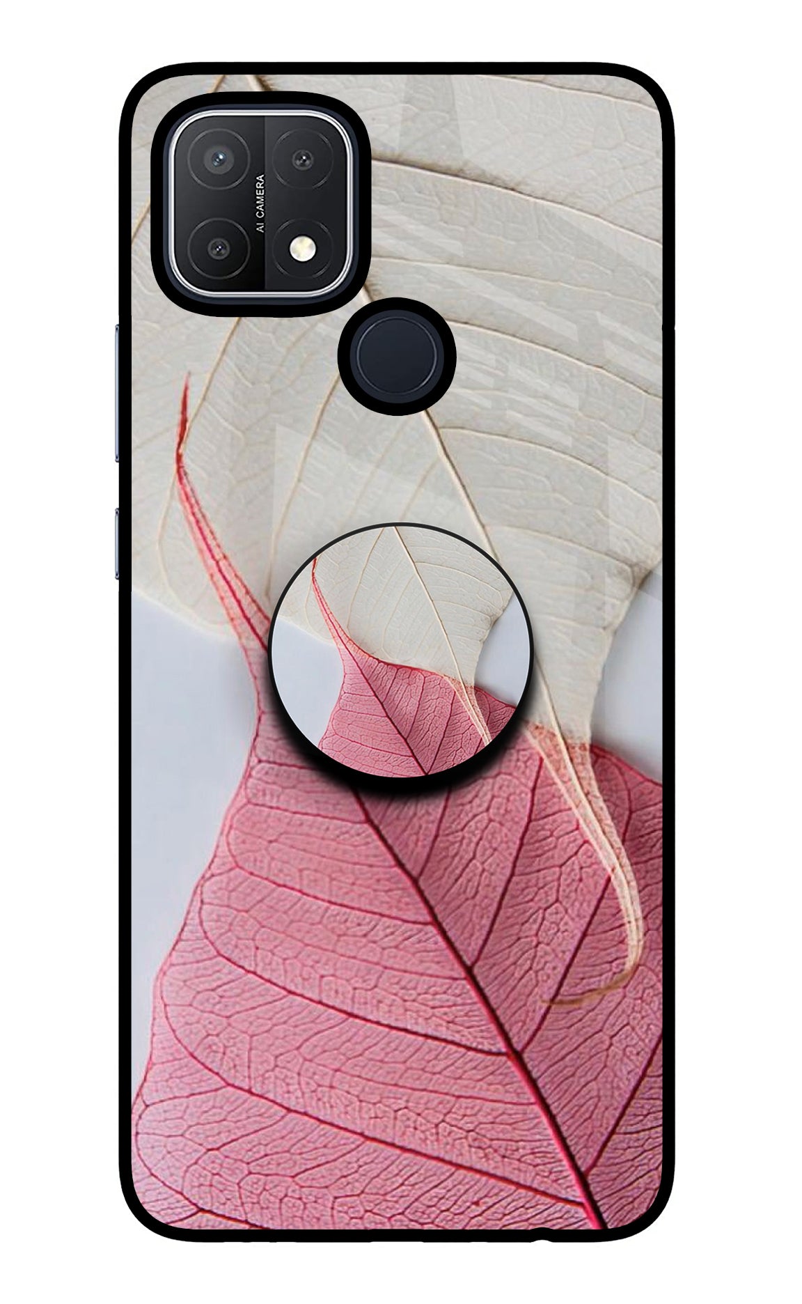 White Pink Leaf Oppo A15/A15s Glass Case