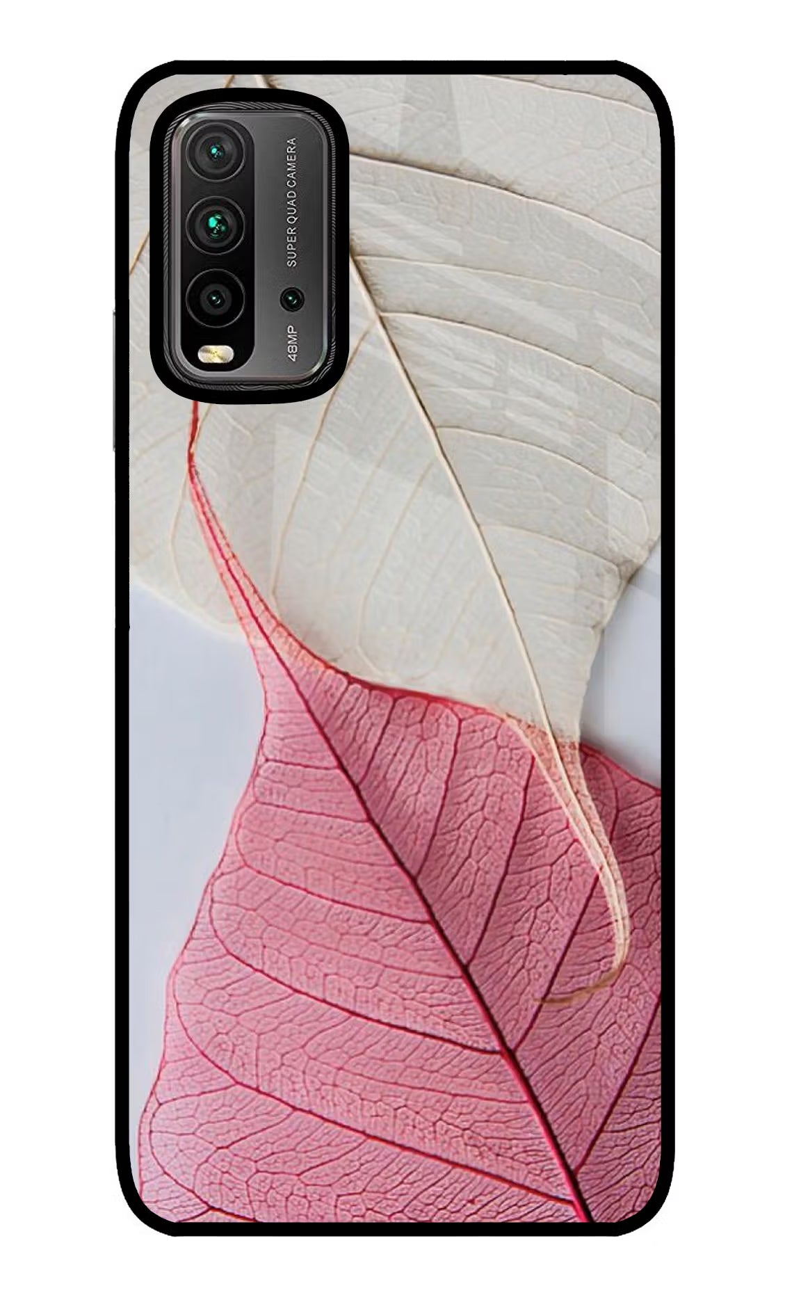 White Pink Leaf Redmi 9 Power Glass Case Back Cover by Casekaro