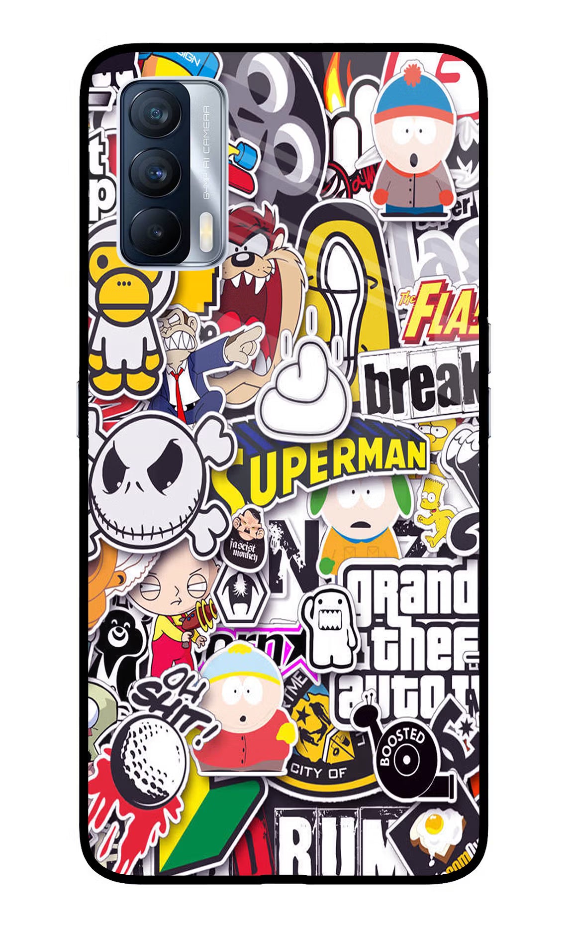 Sticker Bomb Realme X7 Glass Case Back Cover by Casekaro