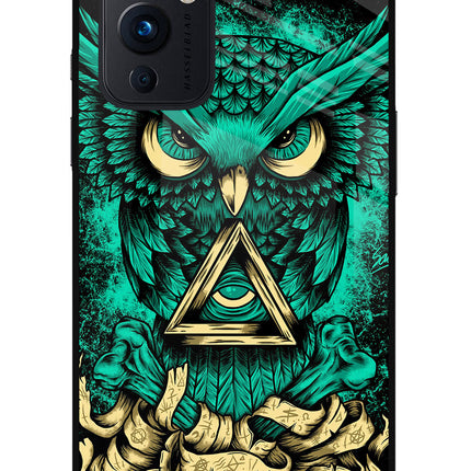 Green Owl Oneplus 9 Glass Case Back Cover by Casekaro