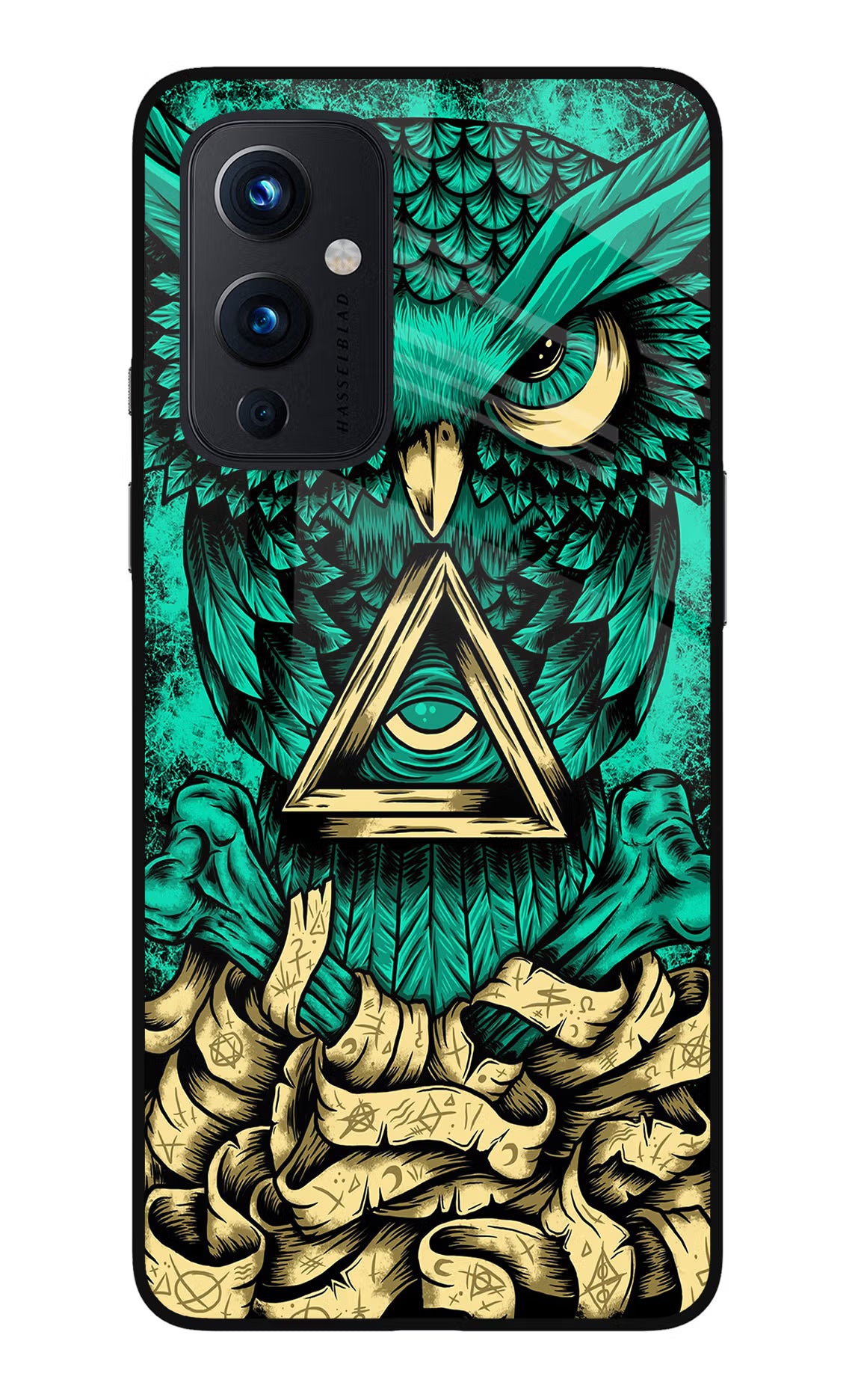 Green Owl Oneplus 9 Glass Case Back Cover by Casekaro
