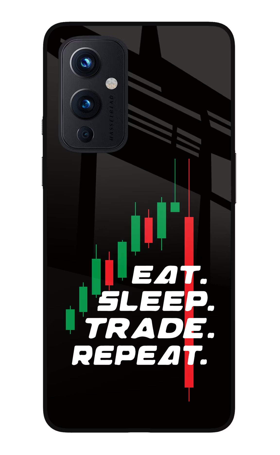 Eat Sleep Trade Repeat Oneplus 9 Glass Case Back Cover by Casekaro