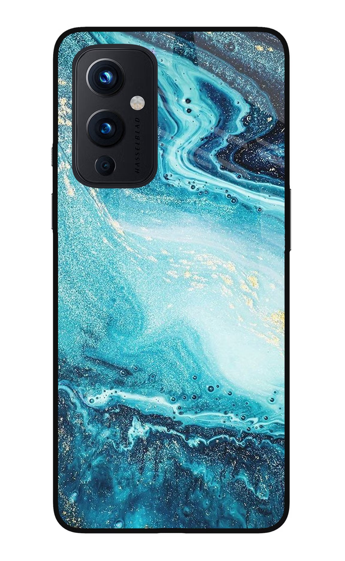 Blue Glitter Marble Oneplus 9 Glass Case Back Cover by Casekaro