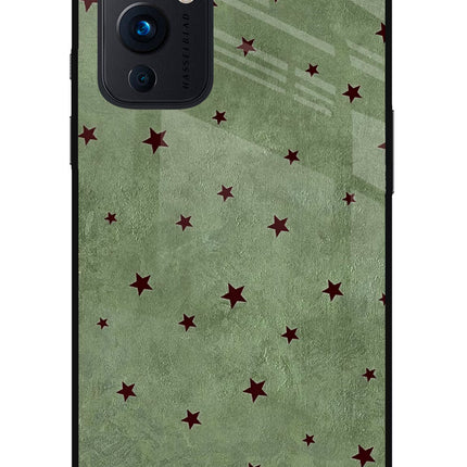 Green Stars Oneplus 9 Glass Case Back Cover by Casekaro