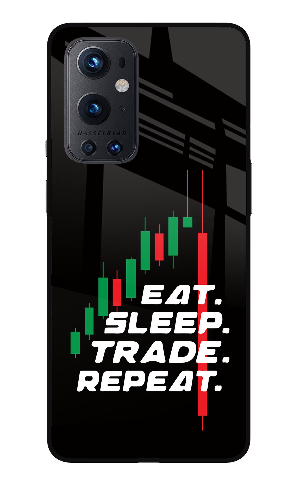 Eat Sleep Trade Repeat Oneplus 9 Pro Glass Case Back Cover by Casekaro