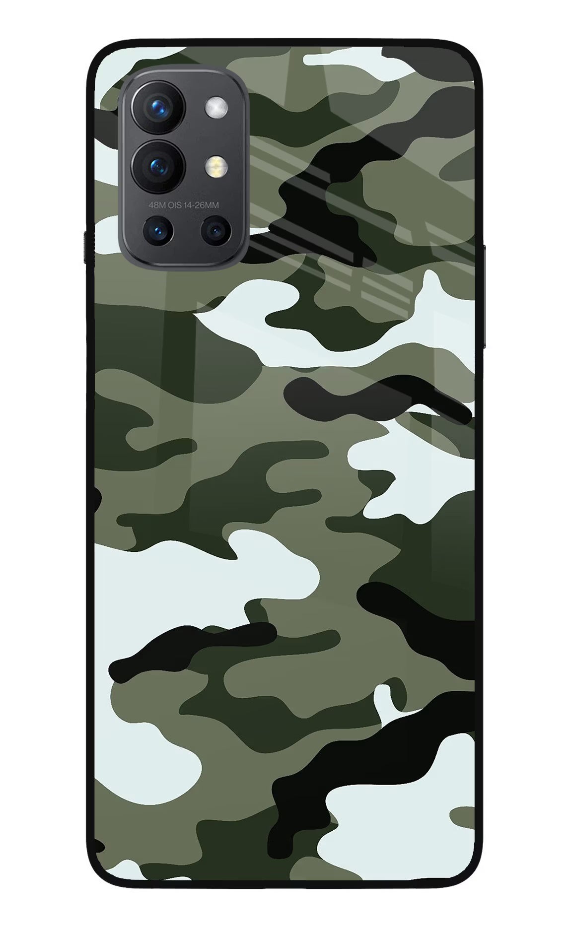 Camouflage Oneplus 9R Glass Case Back Cover by Casekaro