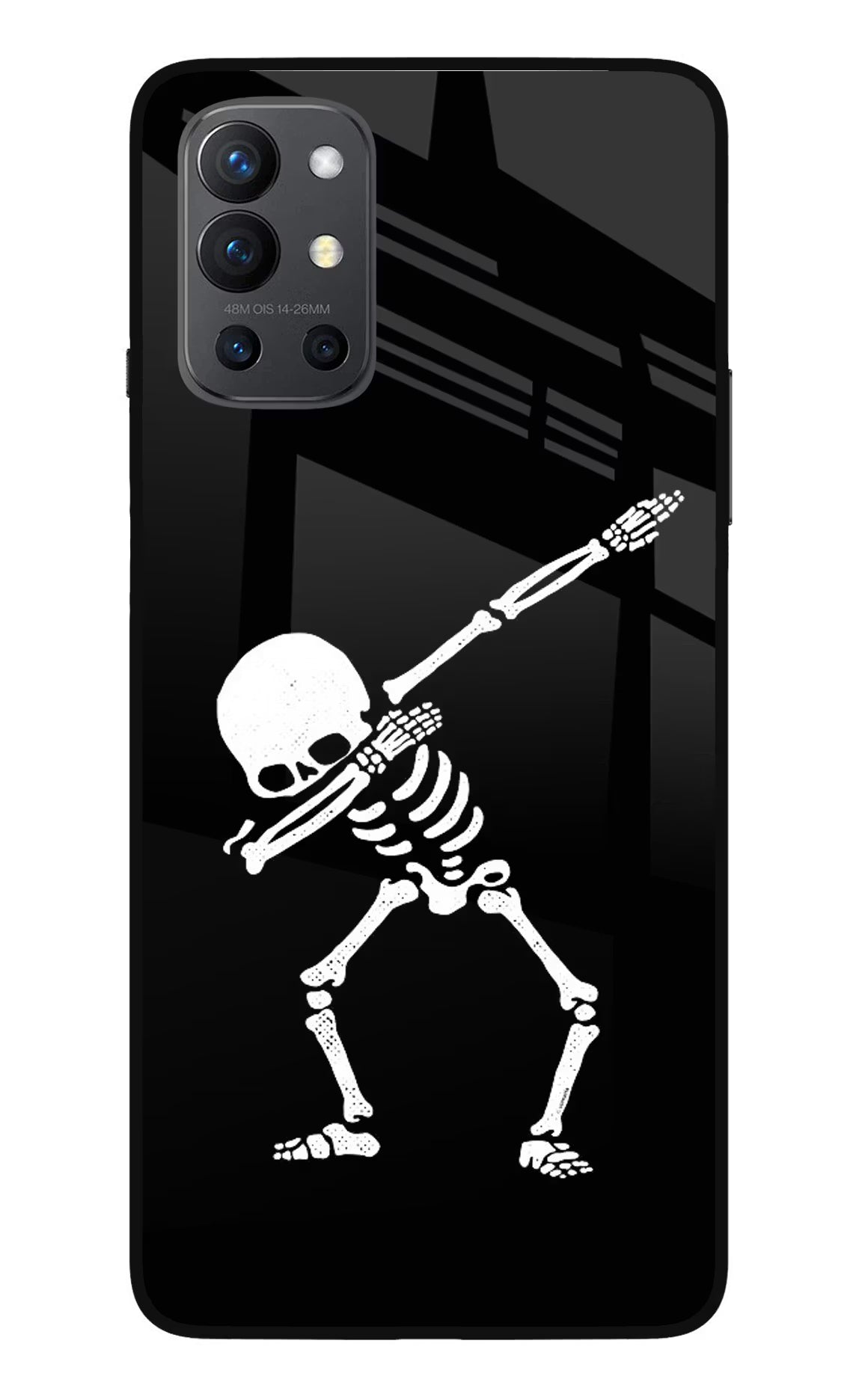 Dabbing Skeleton Art Oneplus 9R Glass Case Back Cover by Casekaro