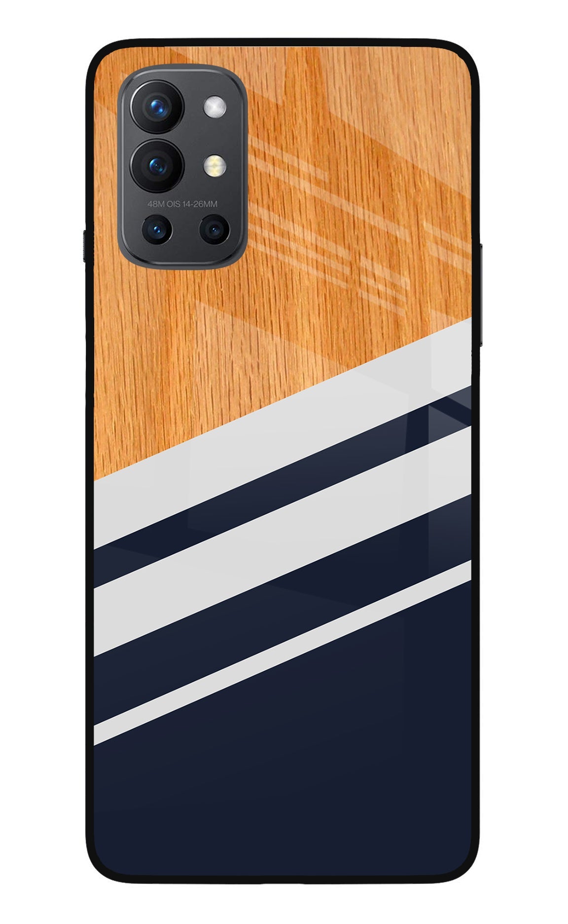 Blue and white wooden Oneplus 9R Glass Case