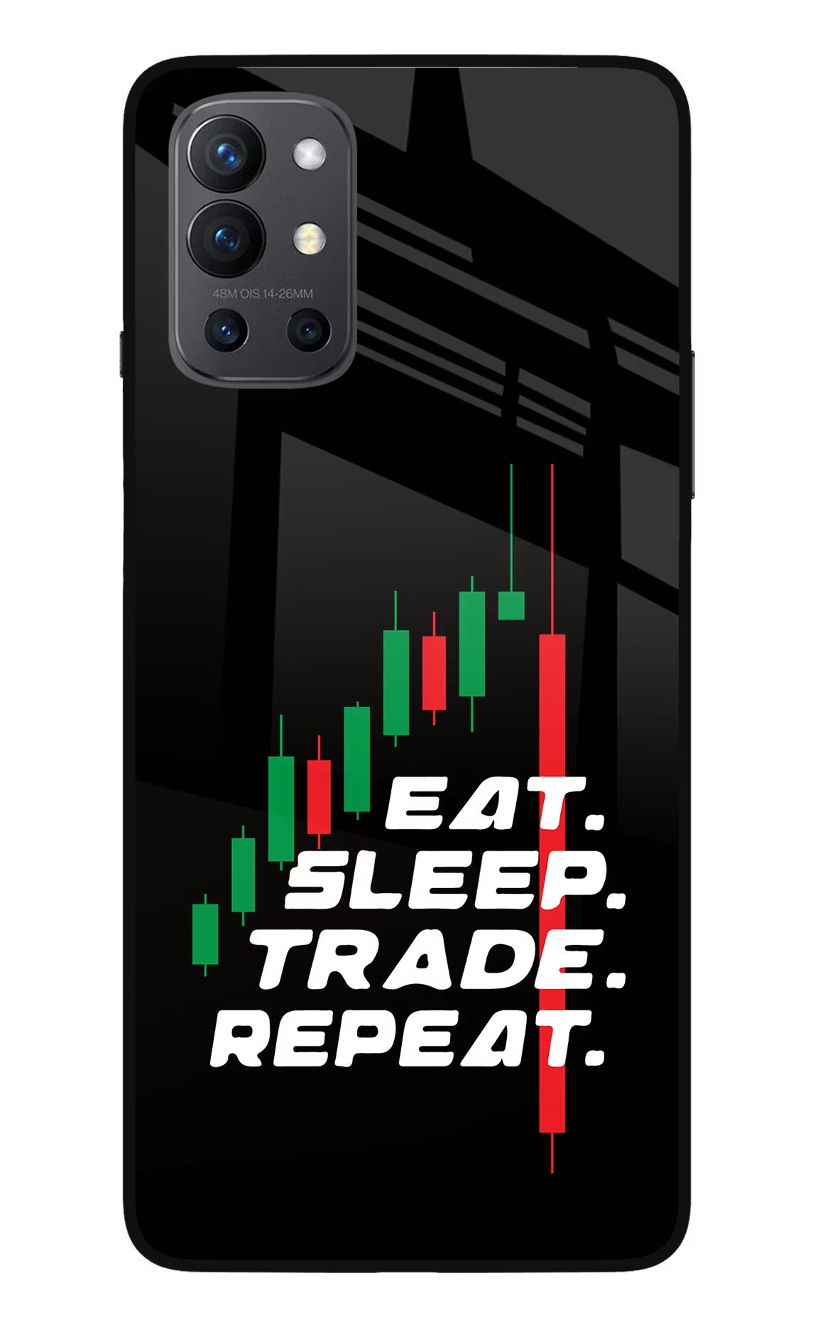 Eat Sleep Trade Repeat Oneplus 9R Glass Case Back Cover by Casekaro