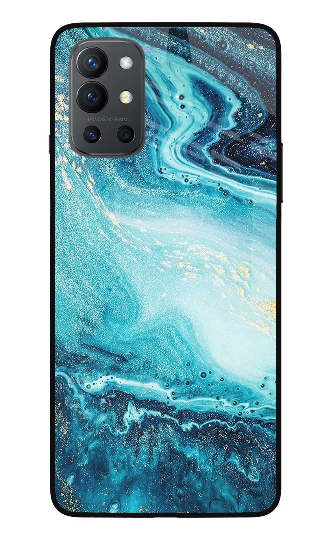 Blue Glitter Marble Oneplus 9R Glass Case Back Cover by Casekaro