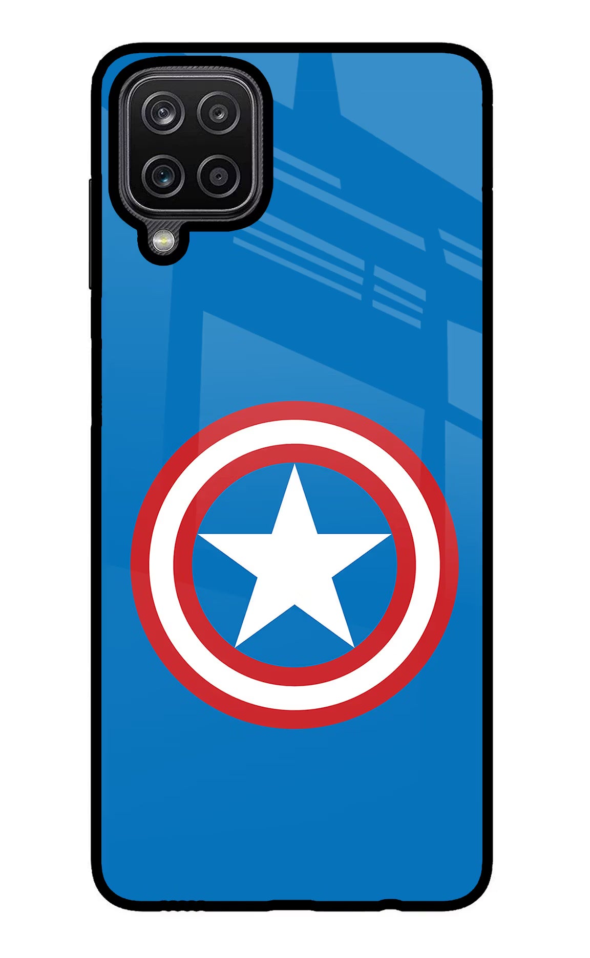 Captain America Logo Samsung M12/F12 Glass Case Back Cover by Casekaro