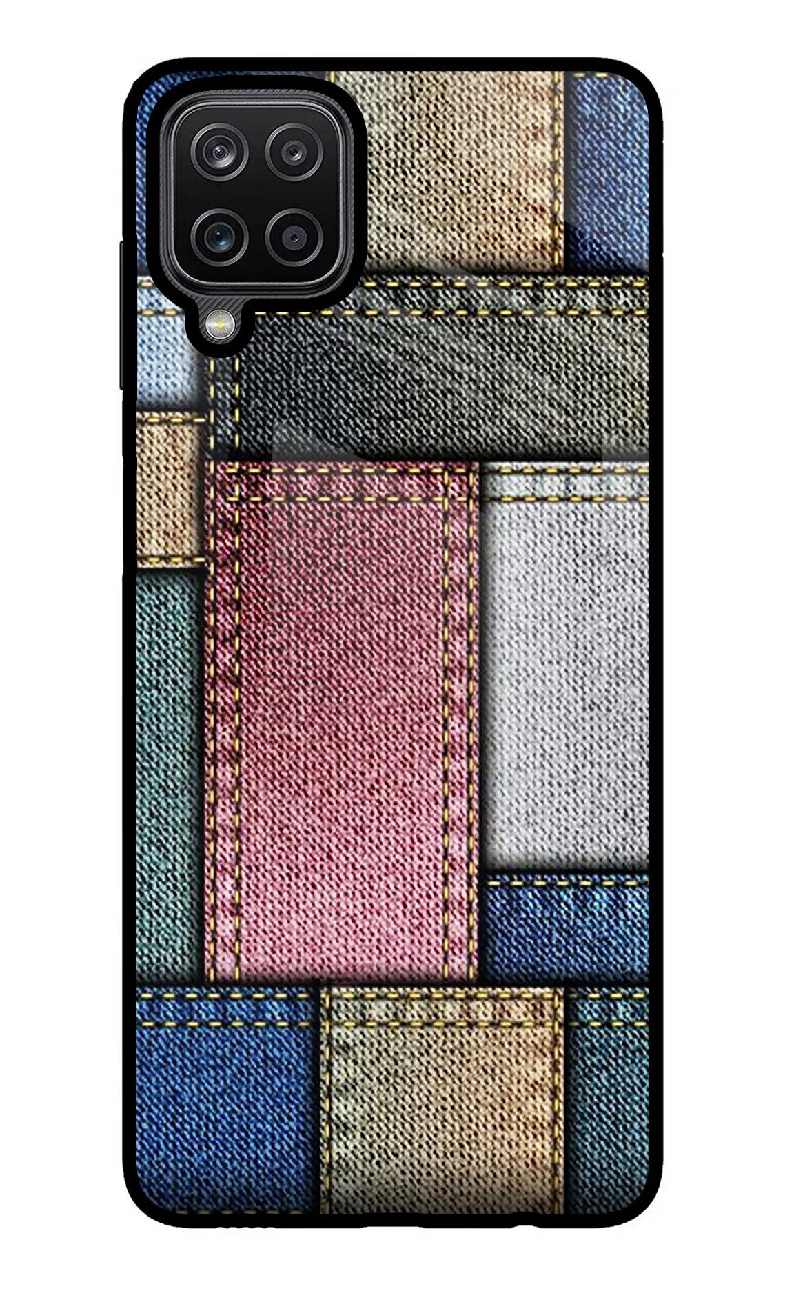 Multicolor Jeans Samsung M12/F12 Glass Case Back Cover by Casekaro