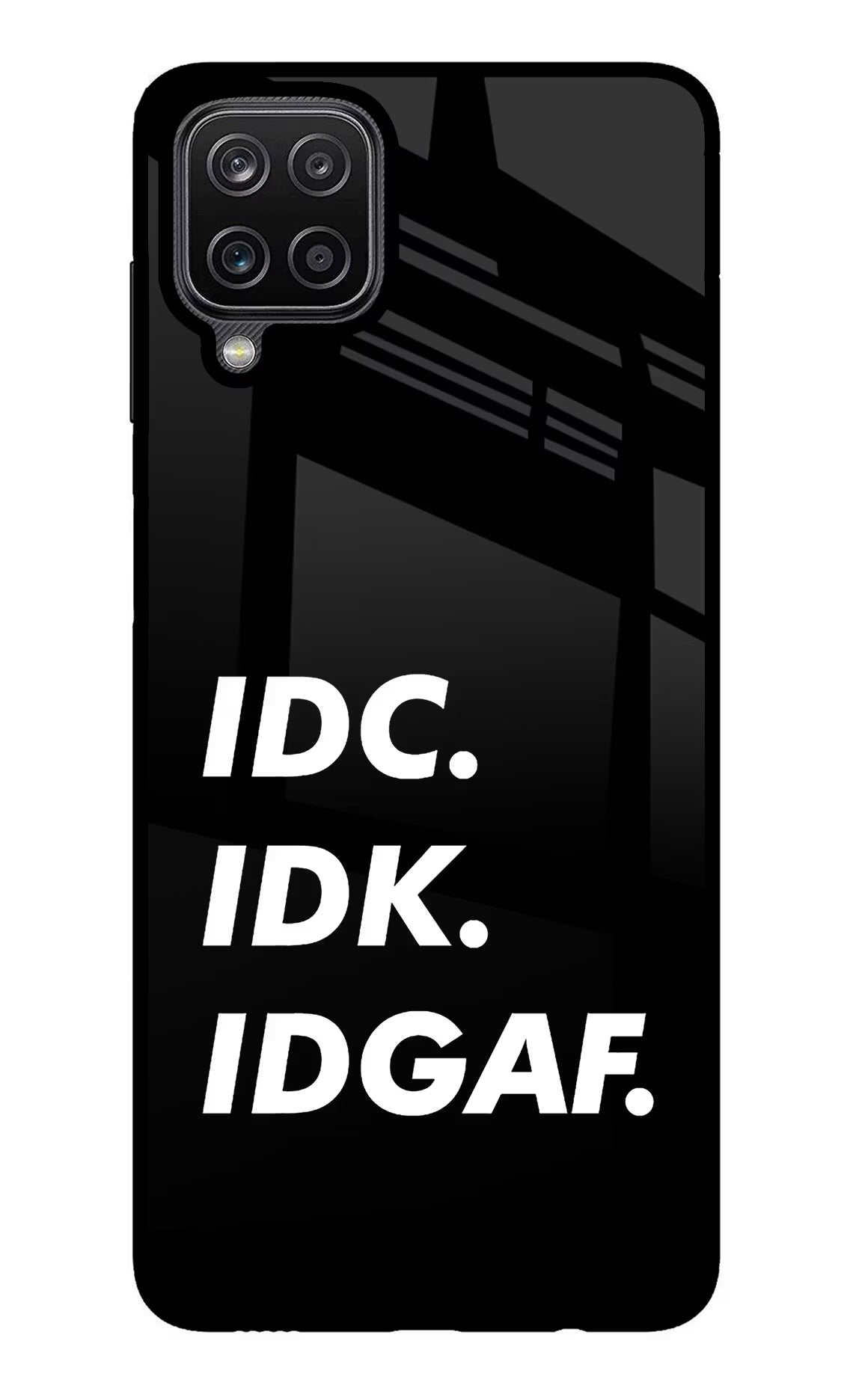 Idc Idk Idgaf Samsung M12/F12 Glass Case Back Cover by Casekaro