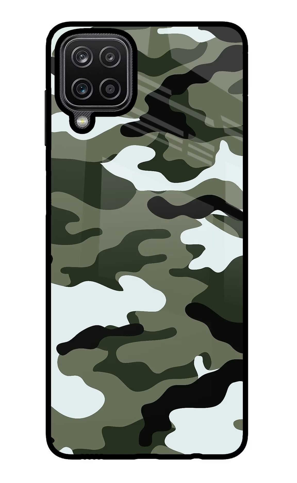 Camouflage Samsung M12/F12 Glass Case Back Cover by Casekaro