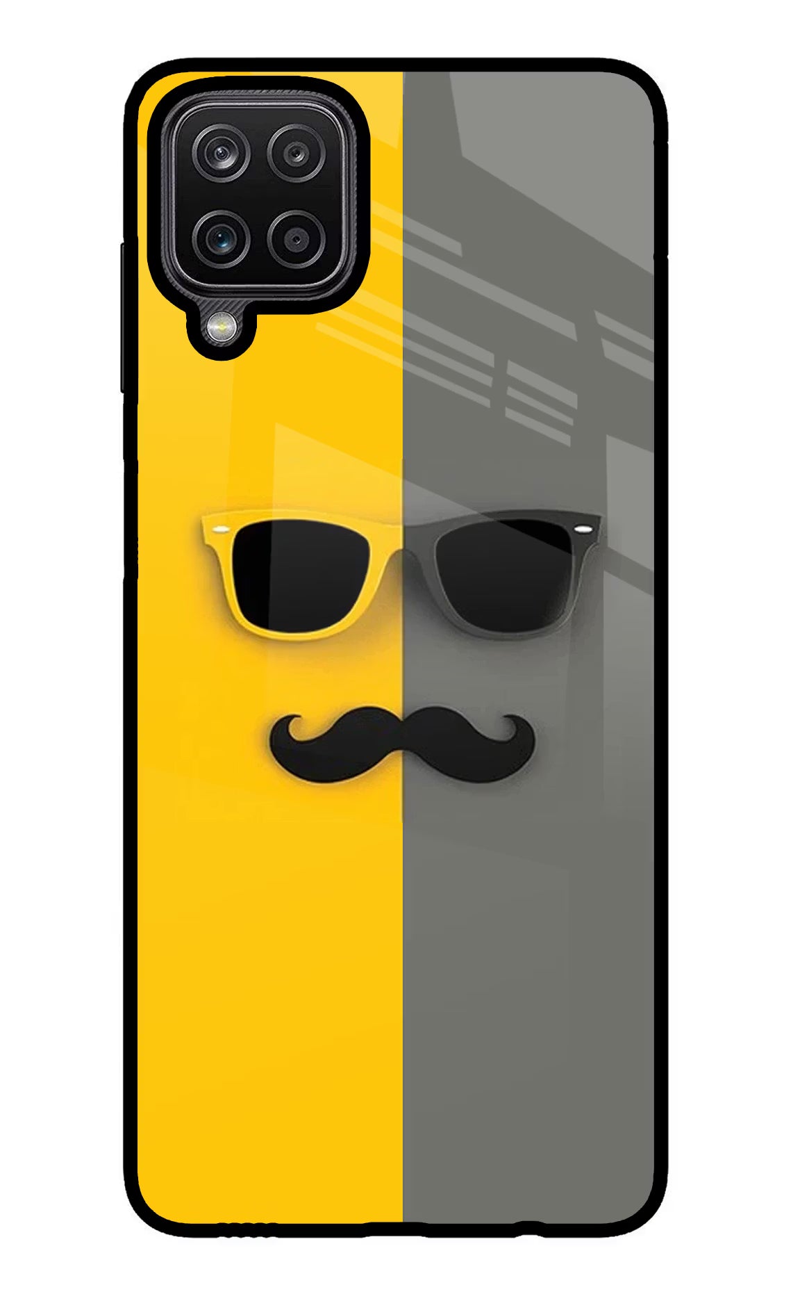Sunglasses with Mustache Samsung M12/F12 Glass Case Back Cover by Casekaro