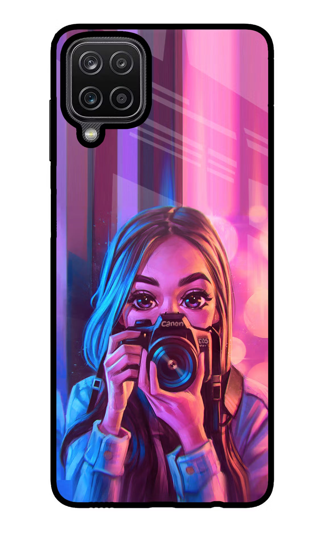 Girl Photographer Samsung M12/F12 Glass Case Back Cover by Casekaro