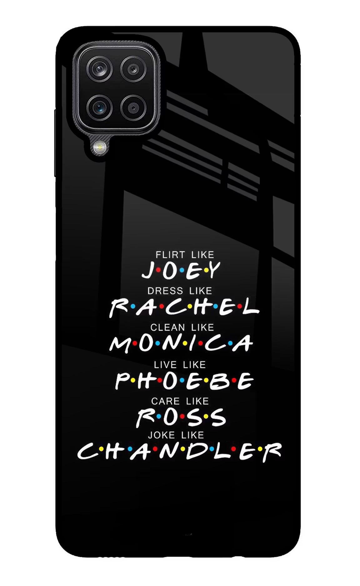 FRIENDS Character Samsung M12/F12 Glass Case Back Cover by Casekaro
