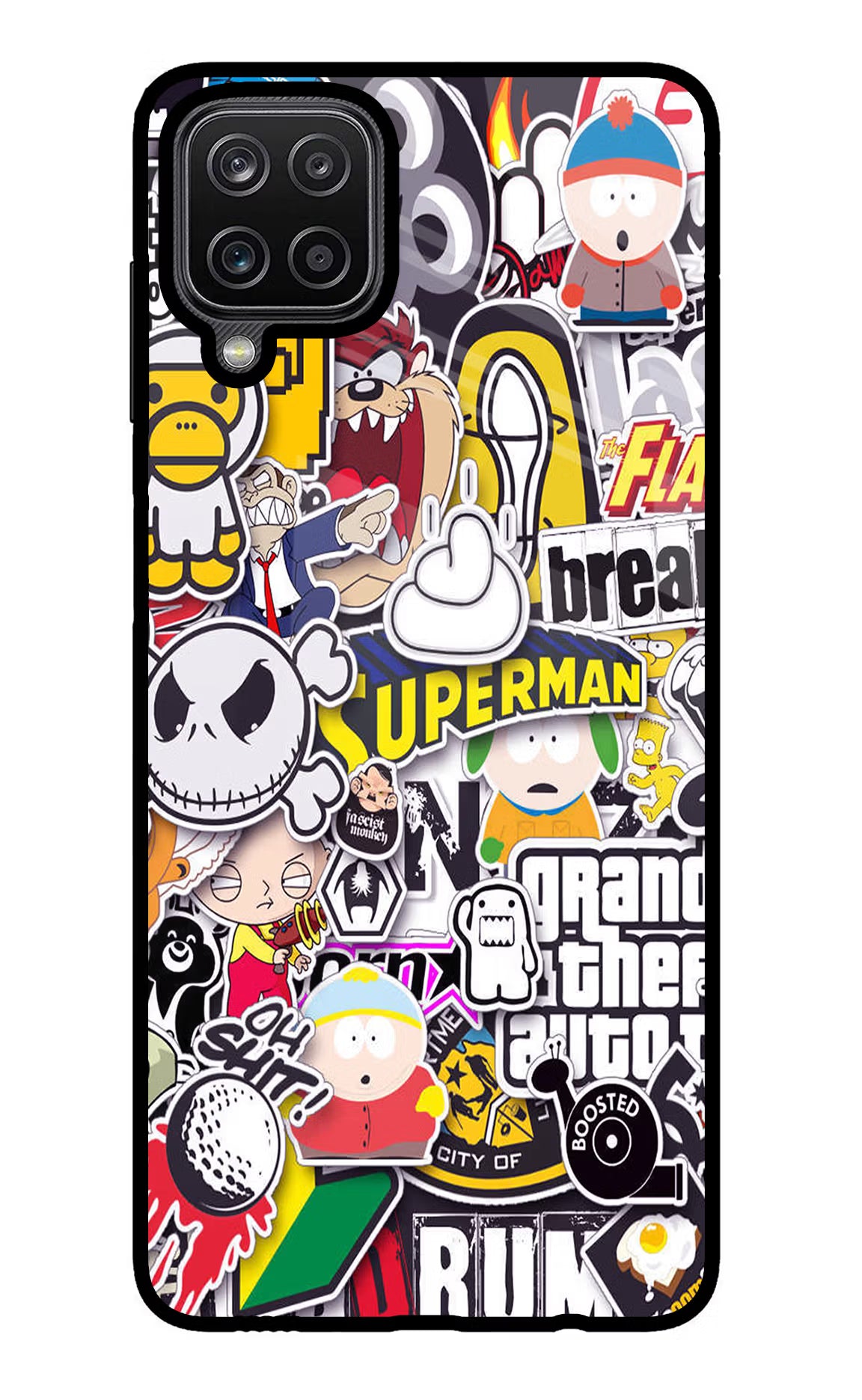 Sticker Bomb Samsung M12/F12 Glass Case Back Cover by Casekaro