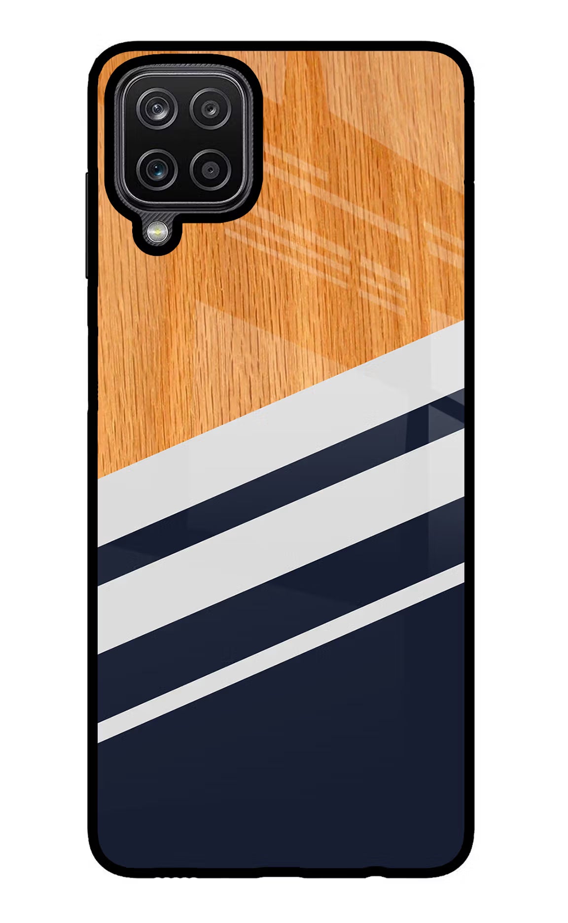 Blue and white wooden Samsung M12/F12 Glass Case Back Cover by Casekaro
