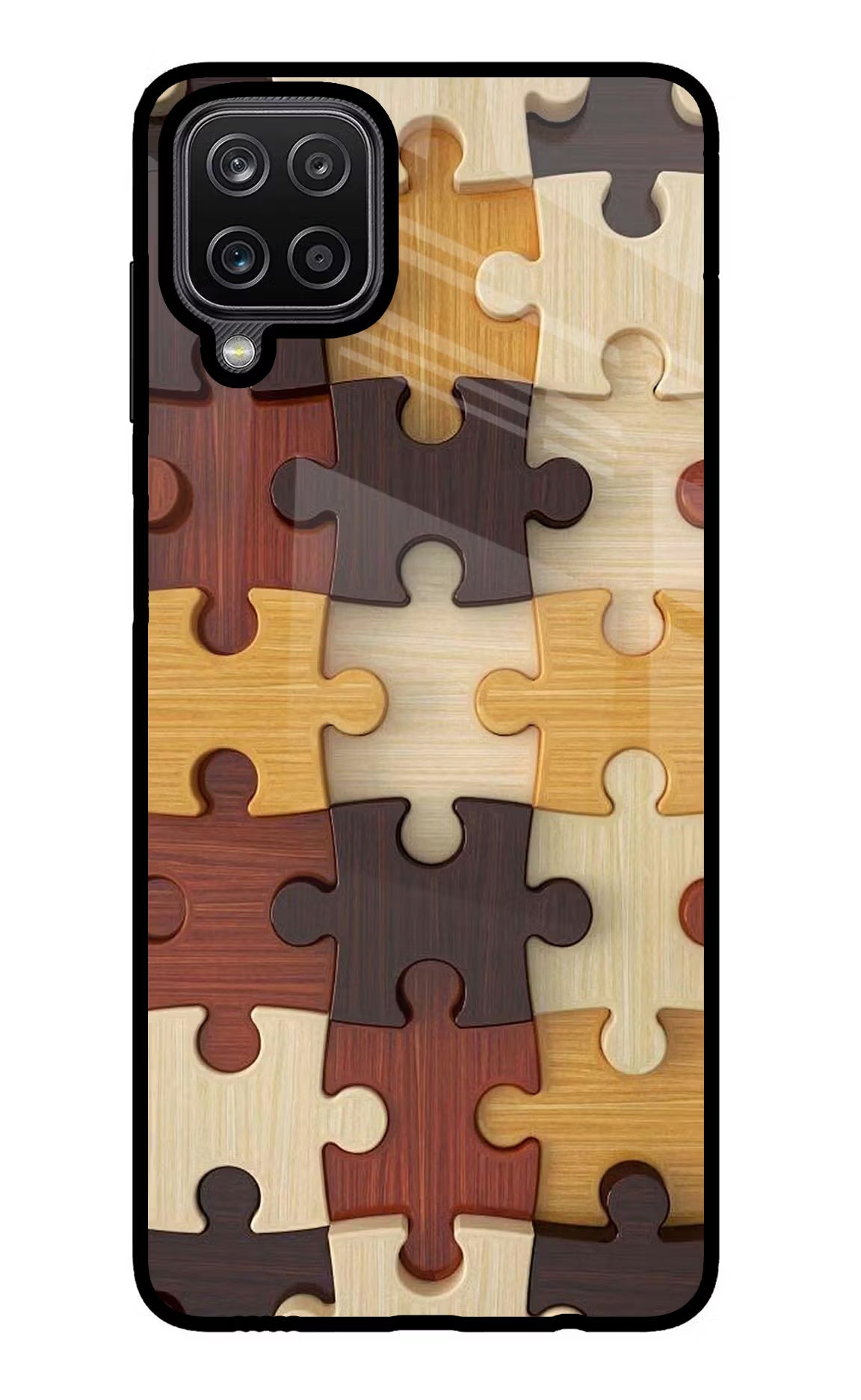 Wooden Puzzle Samsung M12/F12 Glass Case Back Cover by Casekaro