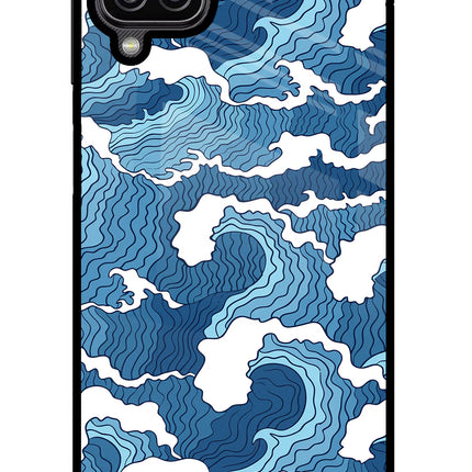 Blue Waves Samsung M12/F12 Glass Case Back Cover by Casekaro