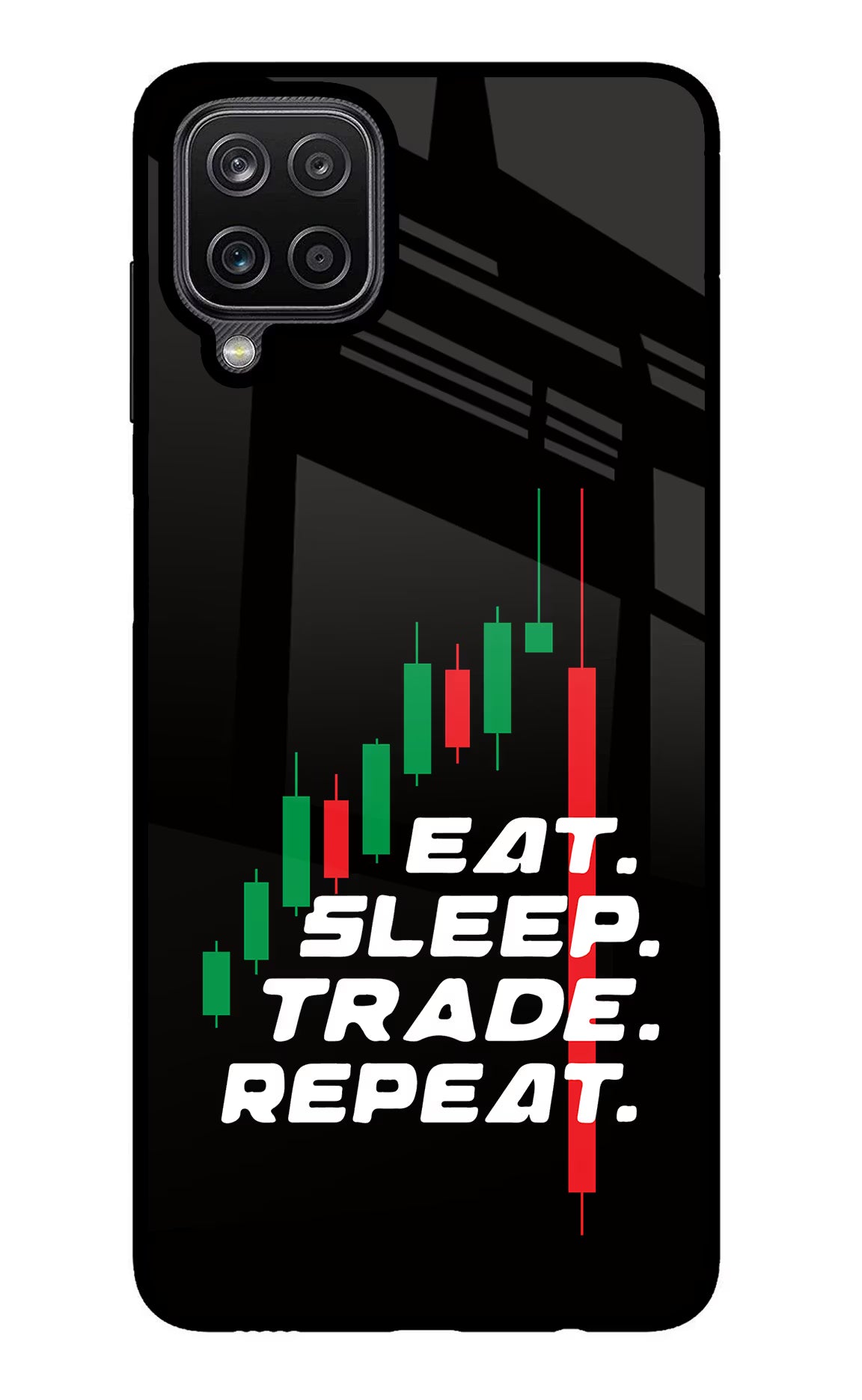 Eat Sleep Trade Repeat Samsung M12/F12 Glass Case Back Cover by Casekaro