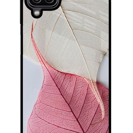 White Pink Leaf Samsung M12/F12 Glass Case Back Cover by Casekaro