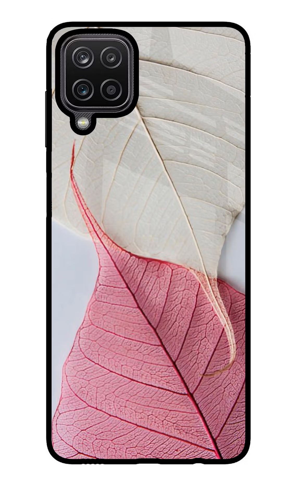 White Pink Leaf Samsung M12/F12 Glass Case Back Cover by Casekaro