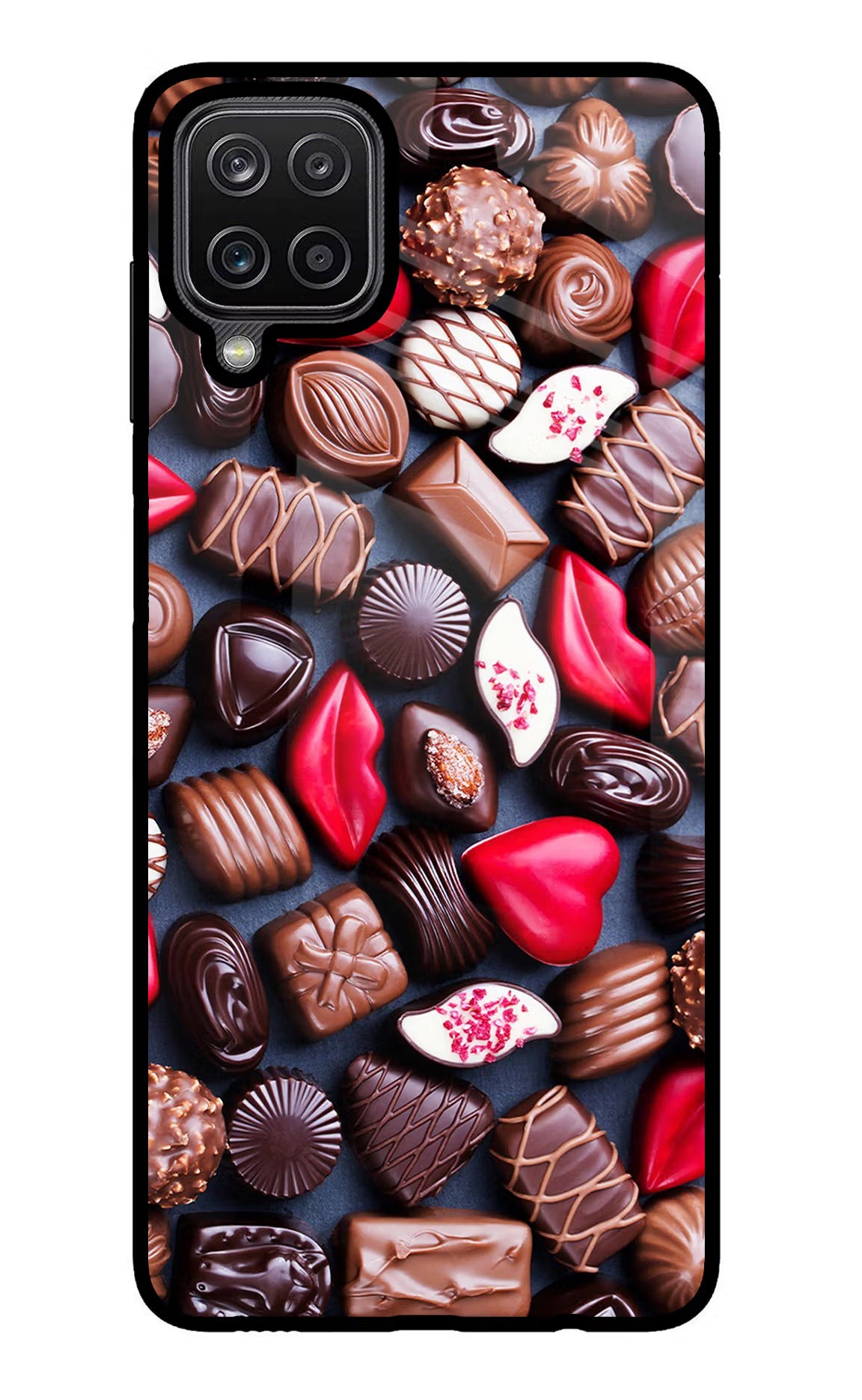 Chocolates Samsung M12/F12 Glass Case Back Cover by Casekaro