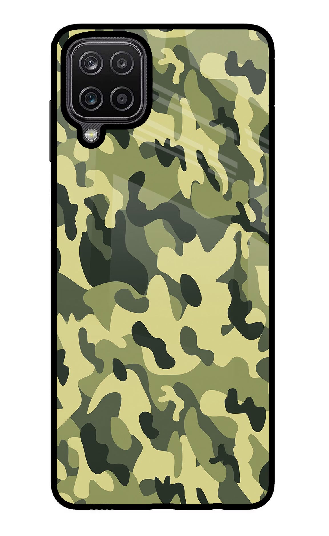 Camouflage Samsung M12/F12 Glass Case Back Cover by Casekaro