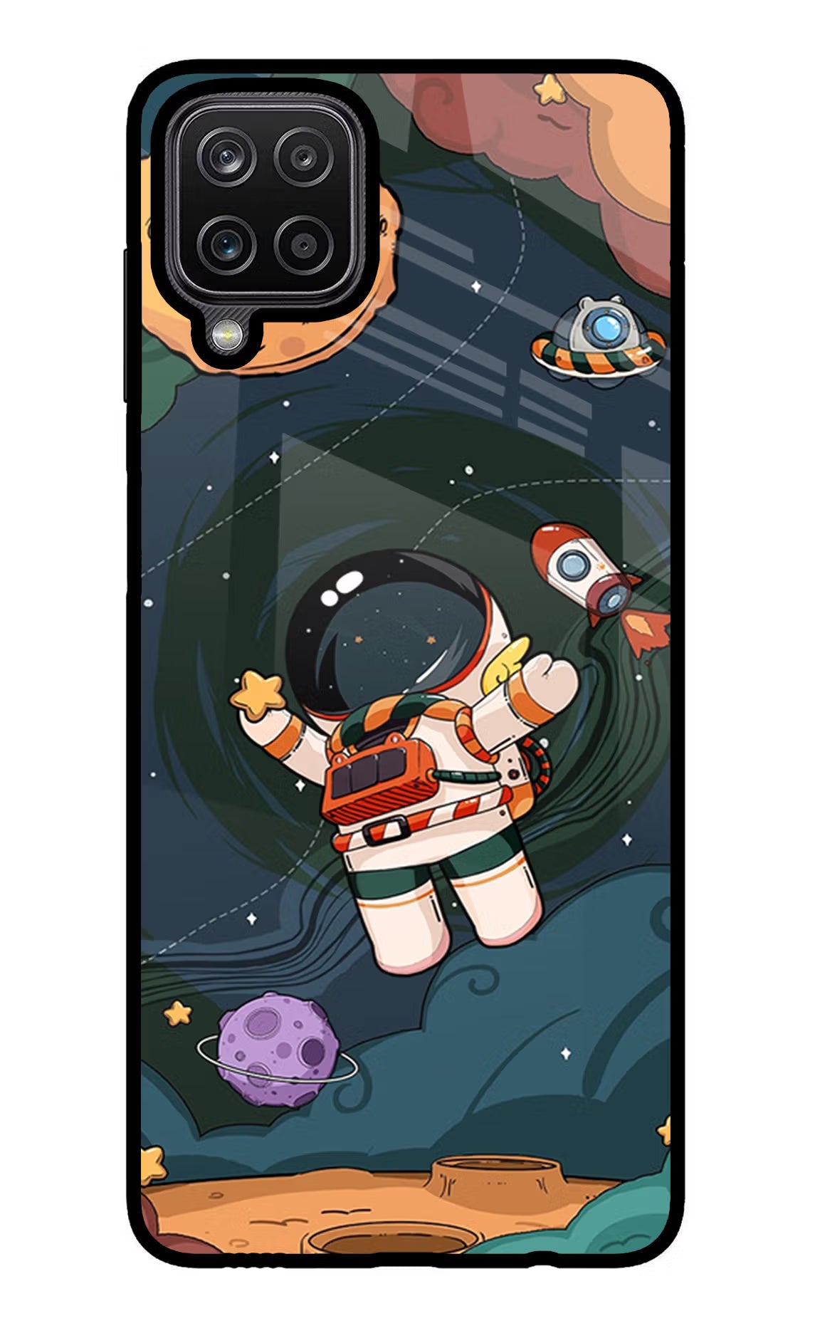 Cartoon Astronaut Samsung M12/F12 Glass Case Back Cover by Casekaro