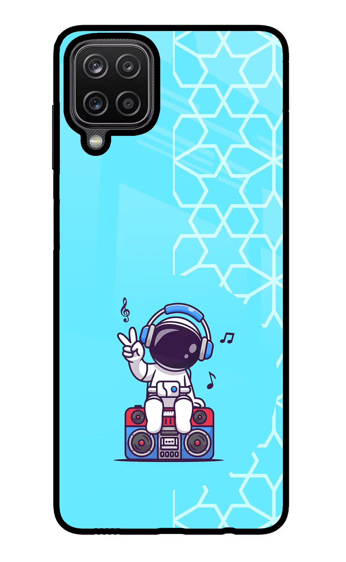Cute Astronaut Chilling Samsung M12/F12 Glass Case Back Cover by Casekaro