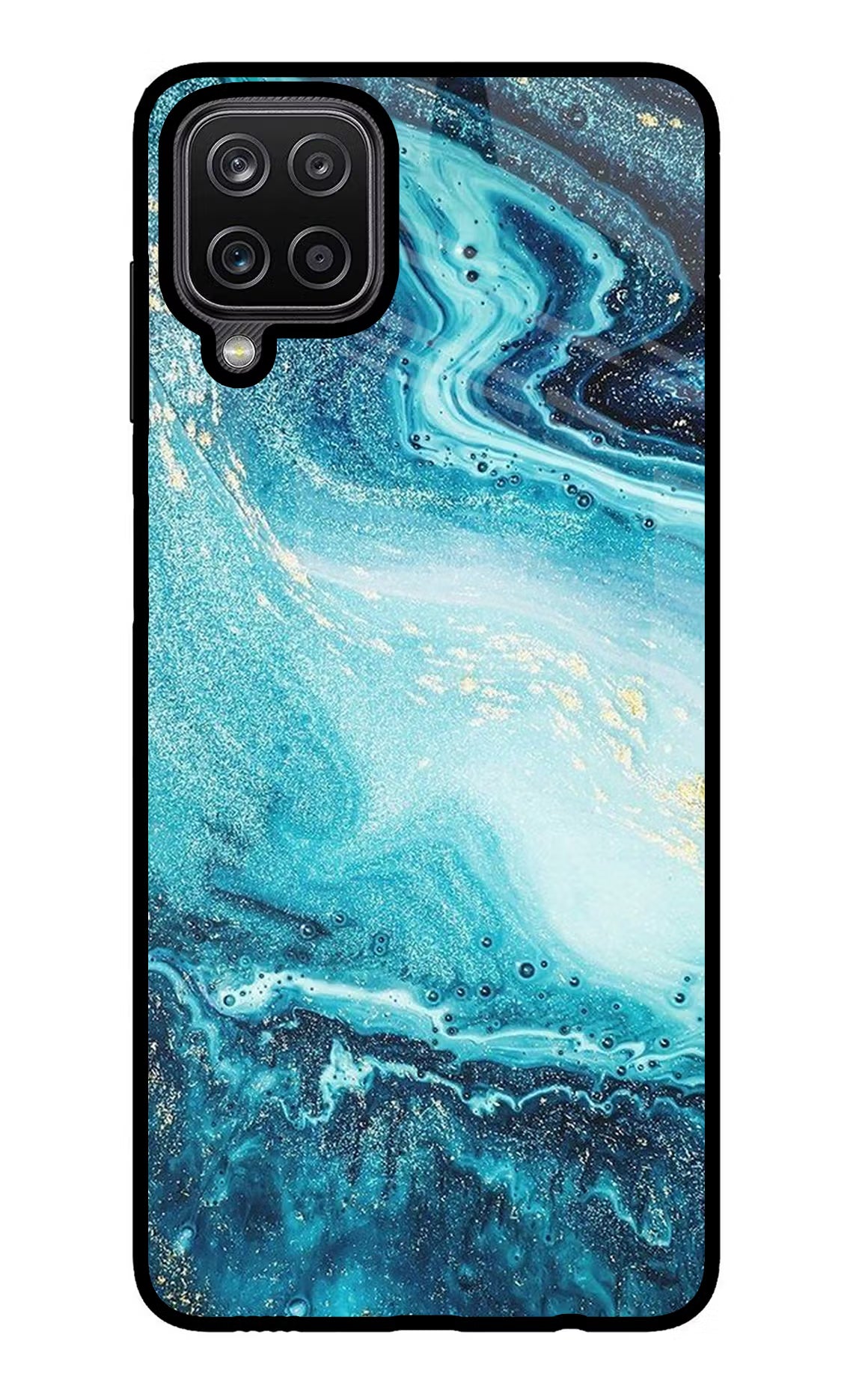 Blue Glitter Marble Samsung M12/F12 Glass Case Back Cover by Casekaro