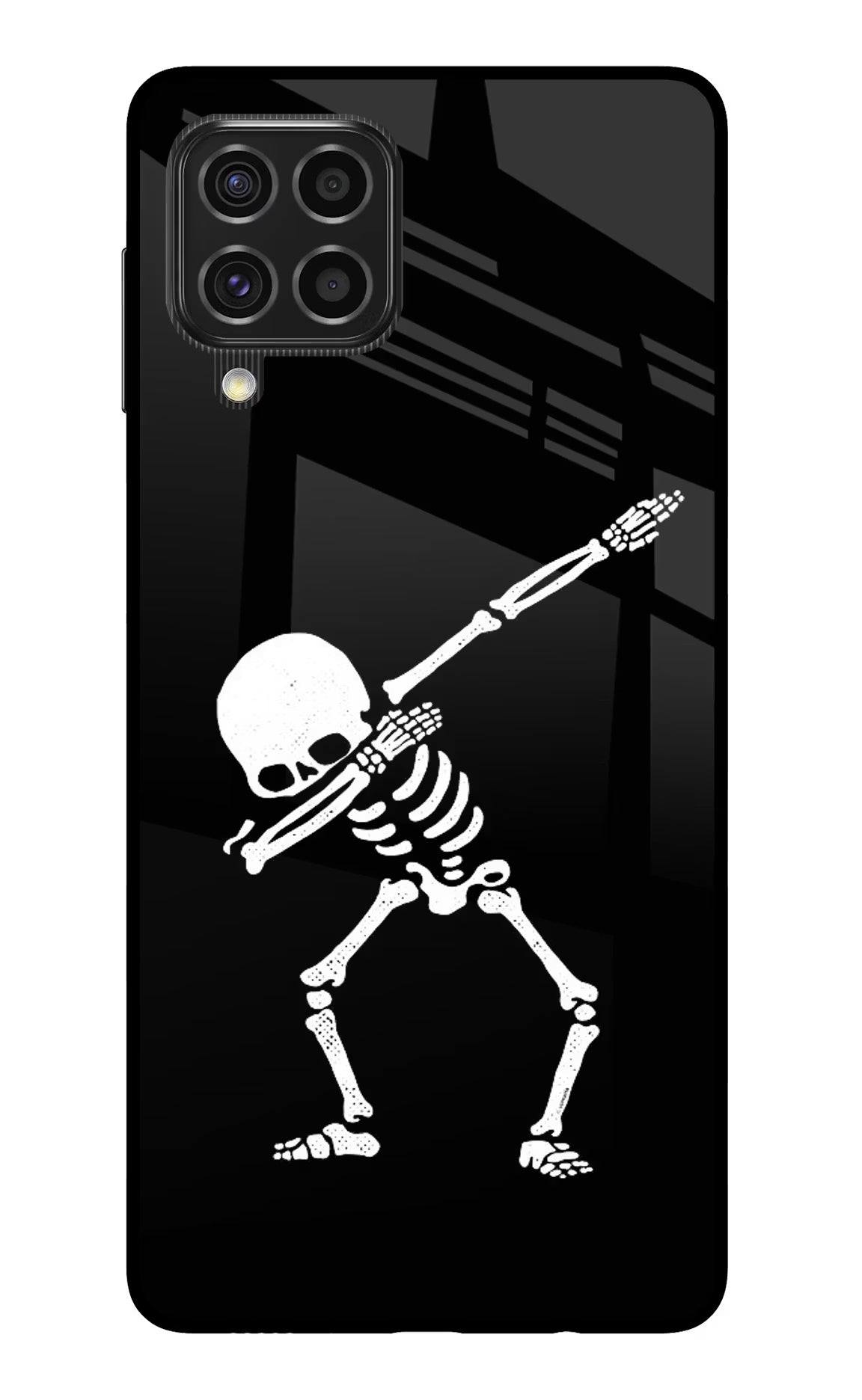 Dabbing Skeleton Art Samsung F62 Glass Case Back Cover by Casekaro