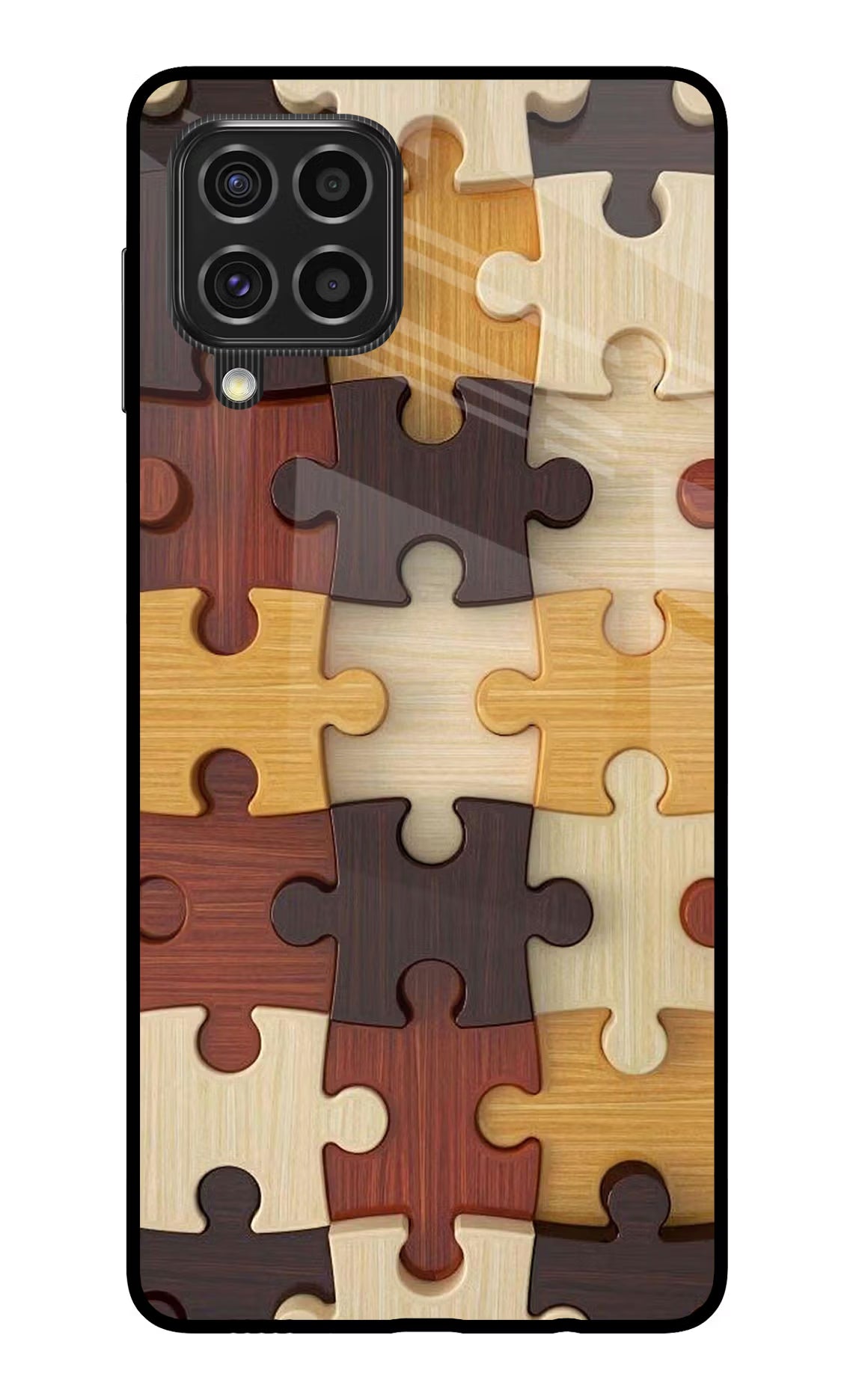 Wooden Puzzle Samsung F62 Glass Case Back Cover by Casekaro