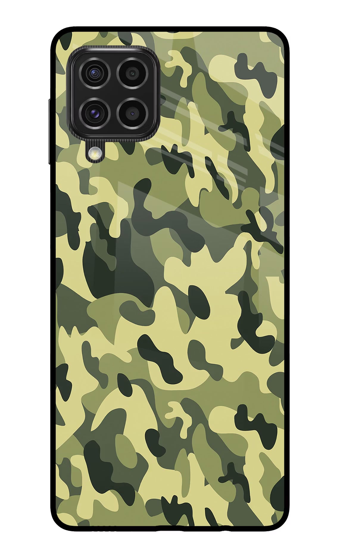 Camouflage Samsung F62 Glass Case Back Cover by Casekaro