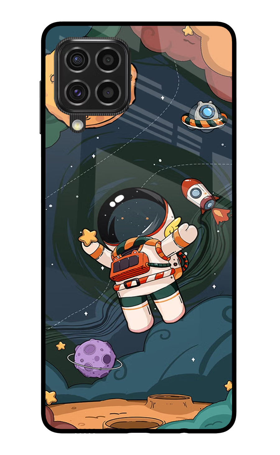 Cartoon Astronaut Samsung F62 Back Cover, Glass case